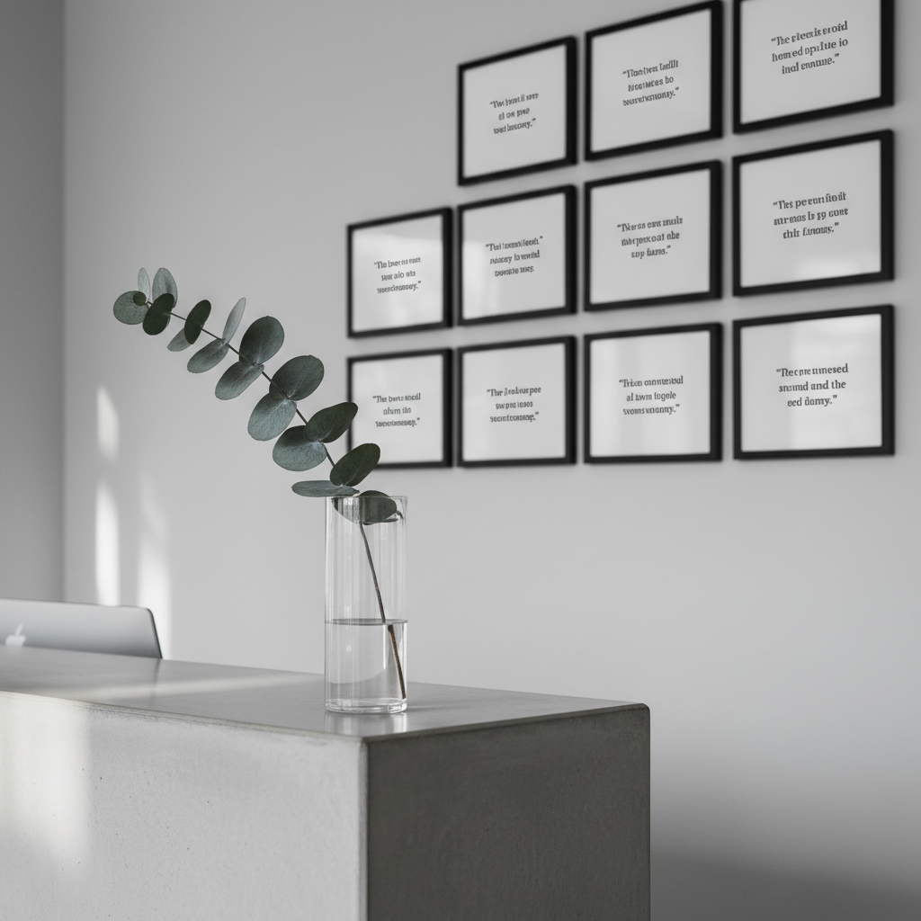 A minimalist glass vase containing a single, perfectly symmetrical eucalyptus branch sits prominently on the edge of a concrete reception counter. The background features a seamless pale grey wall adorned with framed, monochromatic testimonial excerpts set in classic serif fonts. Soft, natural light pours in diagonally from a nearby window, creating gentle highlights on the glass and muted shadows behind the branch. Captured from a low front angle, the image uses the rule of thirds for harmonious composition, evoking a tranquil yet authoritative atmosphere consistent with an ethical consultancy’s waiting area. The photographic style is clean, neutral, and sophisticated.