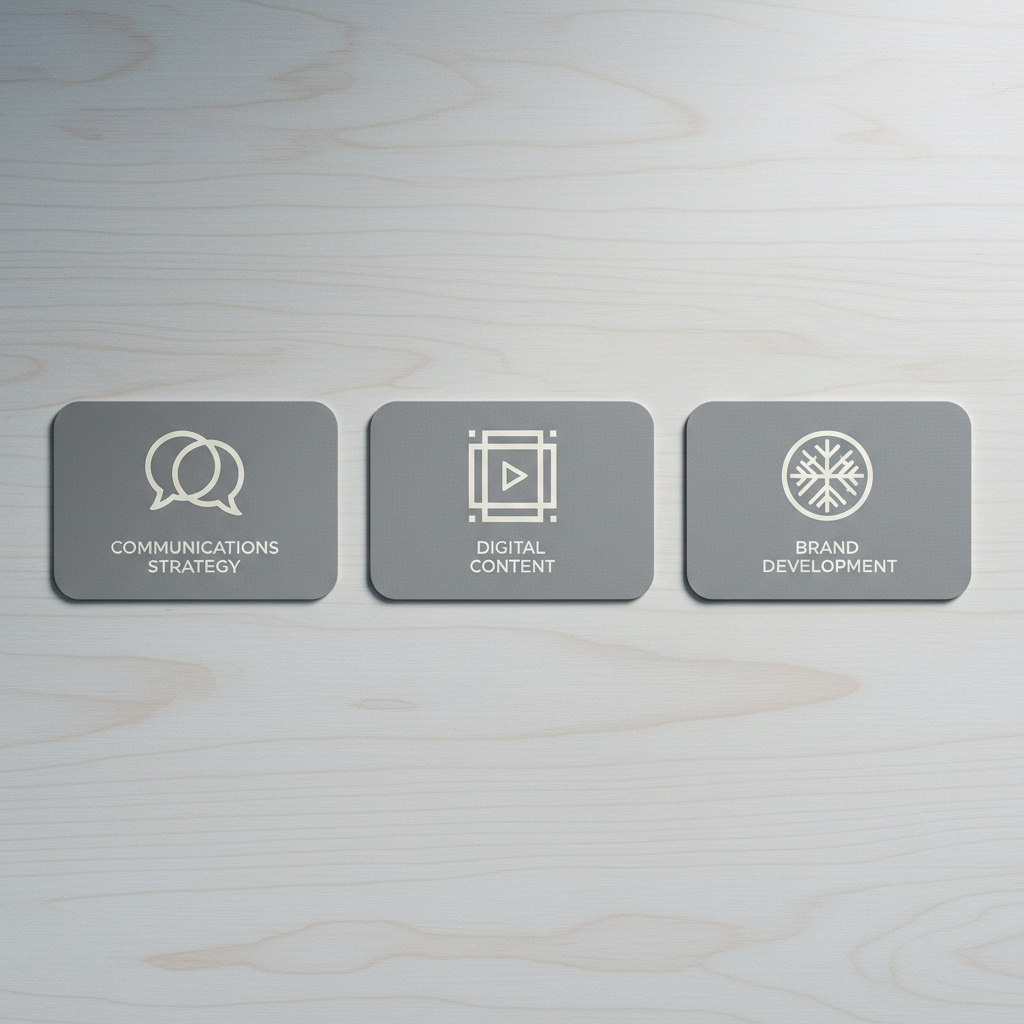 A structured layout of muted grey and off-white service cards neatly placed on a pale wooden tabletop, each card bearing a distinct geometric icon representing marketing consultancy services—communications strategy, digital content, and brand development. The soft, cool ambient light filters in from an unseen side window, creating crisp yet subtle gradients and shadows that add depth and order. Photographed from an overhead, bird's eye view, the arrangement uses clean lines and negative space, exemplifying minimalist corporate design. The balanced composition conveys clarity of purpose and dependable expertise in a professional setting.